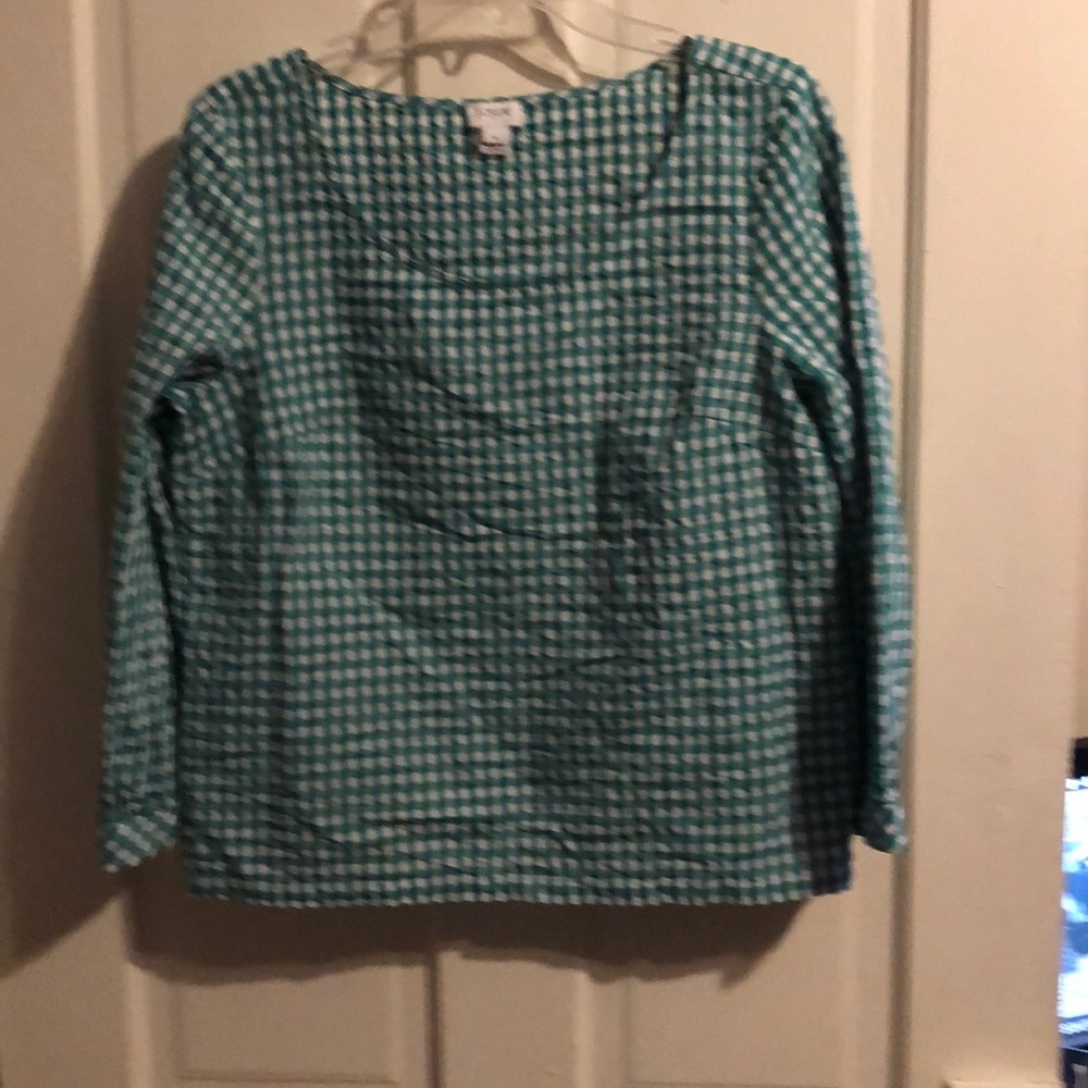 J Crew green & white gingham blouse so pretty